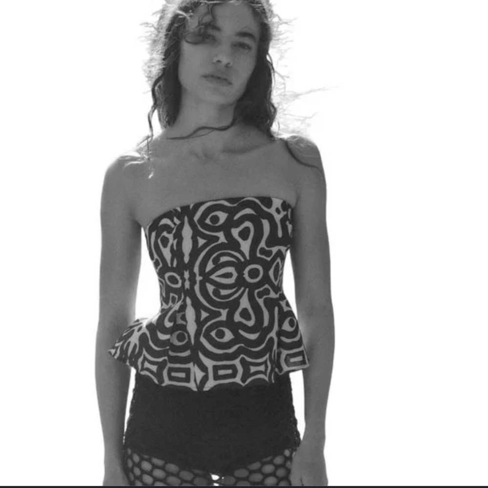 ZARA STRAPLESS PRINTED TOP ECRU / BLACK SIZE XXL